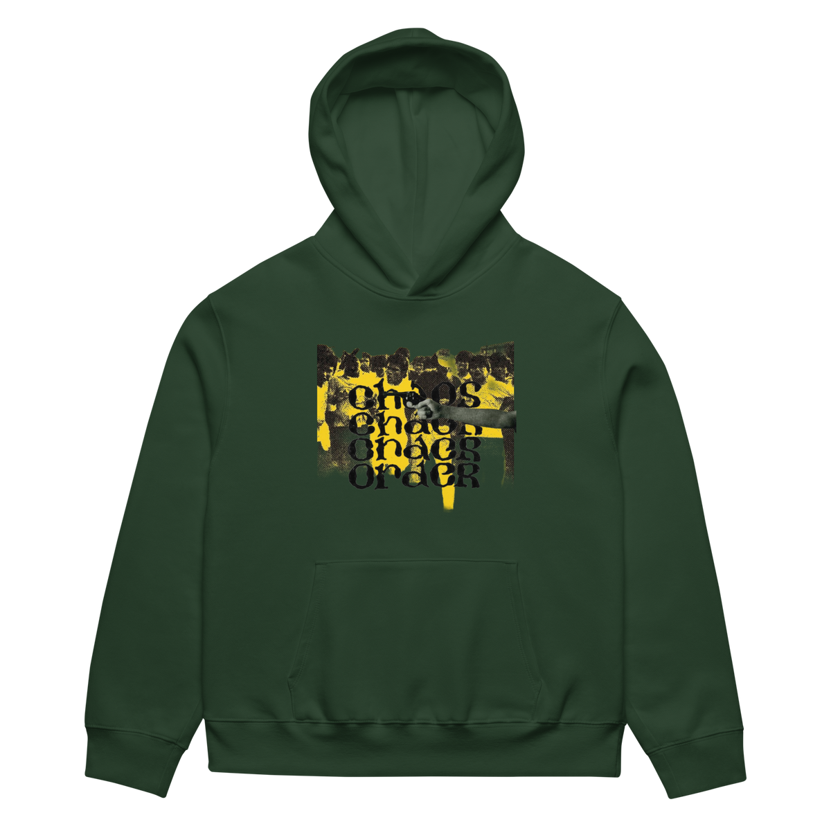 A dark green pullover hoodie with a front kangaroo pocket and a central graphic print featuring a yellow and black collage of people and the text 'CHOOSE BLACK POWER'.