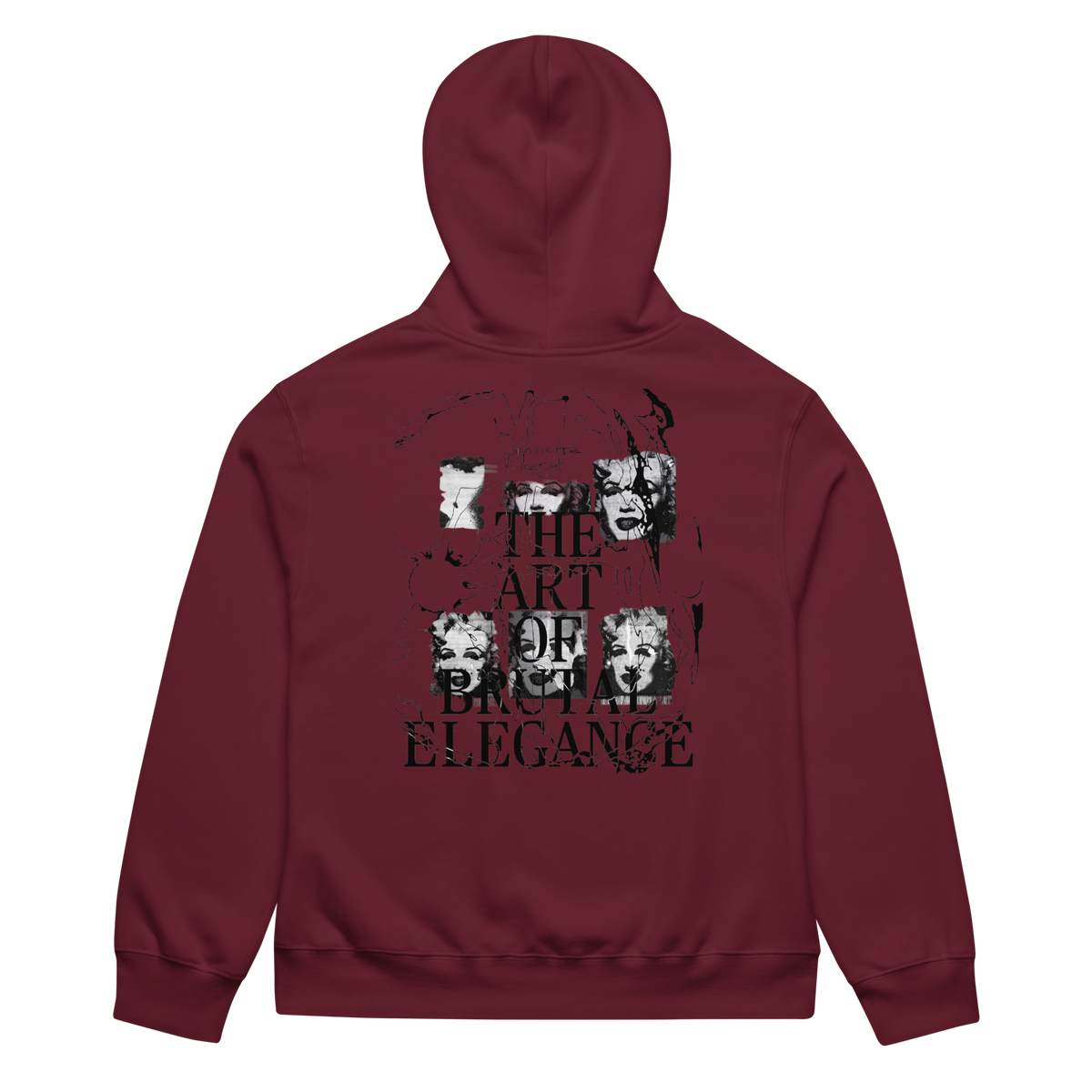 A maroon hoodie shown from the back, featuring a large black graphic print with the text 'THE ART OF BRITISH ELEGANCE' and stylized portrait illustrations.