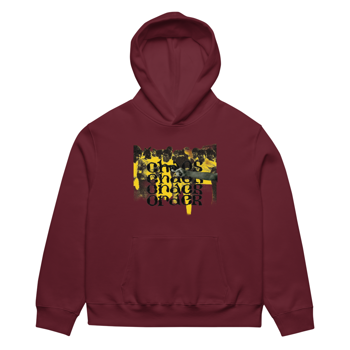 A maroon pullover hoodie with a front kangaroo pocket and a central graphic print featuring a yellow and black collage of people and the text 'CHICAGO CHICAGO ORDER'.