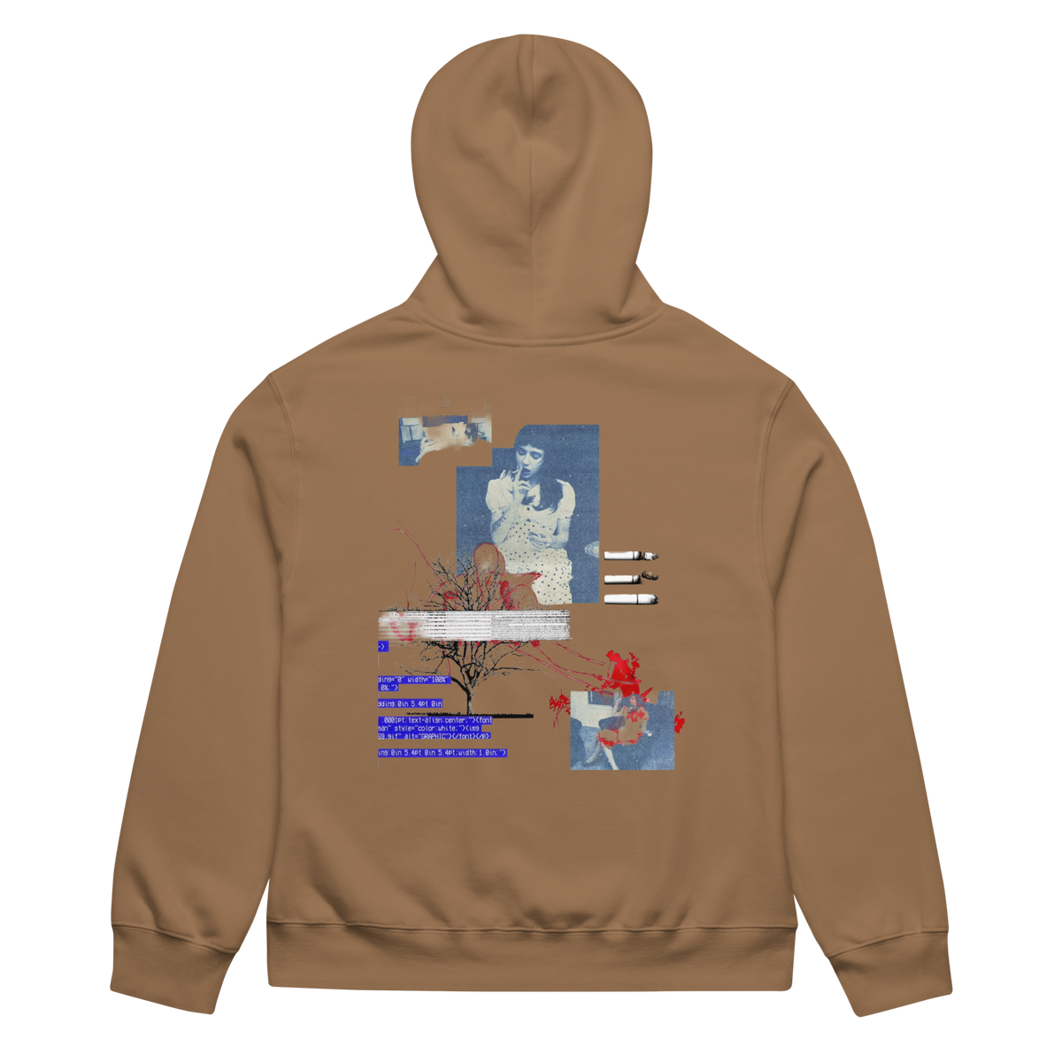 A tan hoodie shown from the back, featuring a large, complex graphic collage print with blue, red, and white elements on the center back.