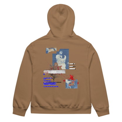 A tan hoodie shown from the back, featuring a large, complex graphic collage print with blue, red, and white elements on the center back.