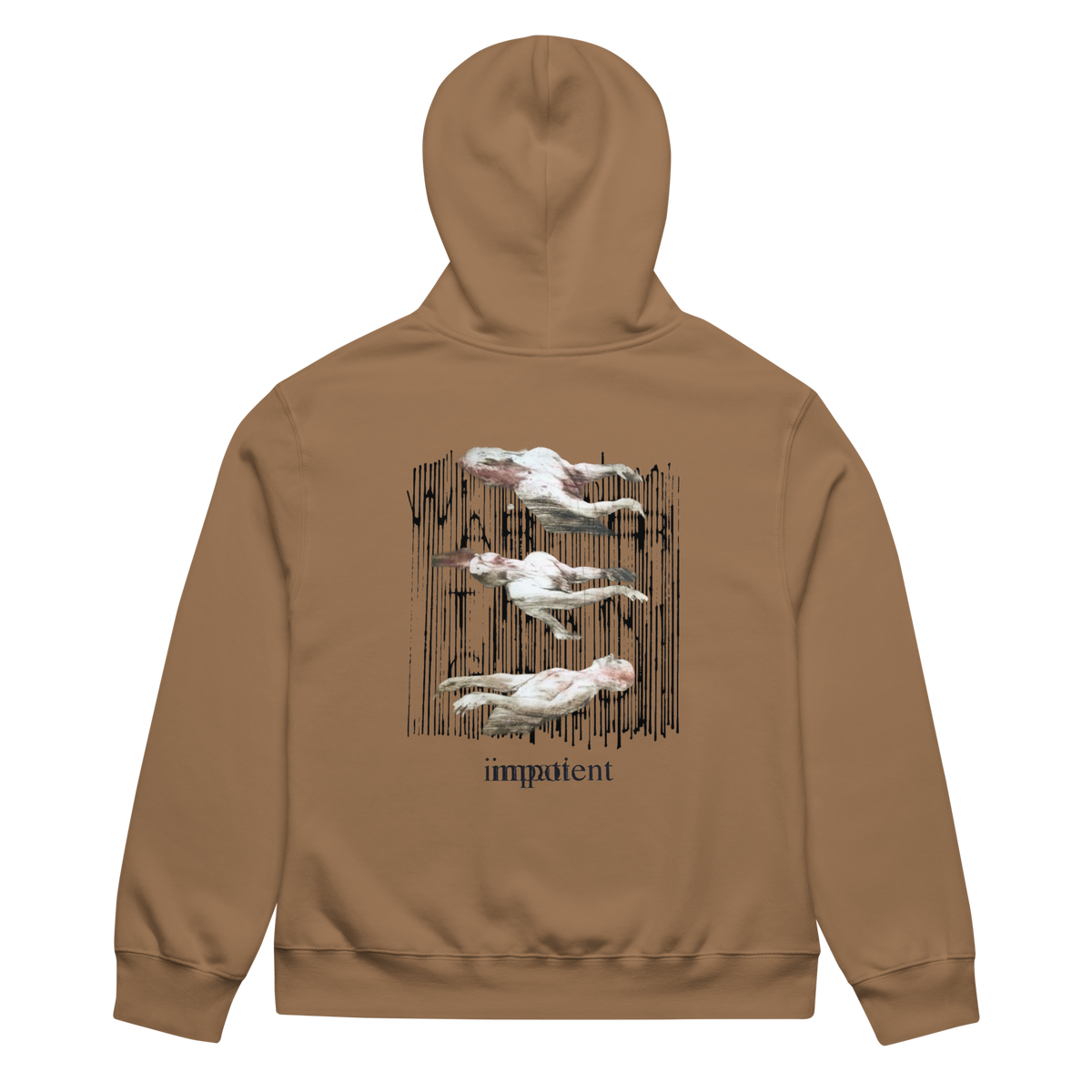 A tan hoodie shown from the back, featuring a graphic print of four white pelicans flying in front of a dark vertical wooden fence, with the word 'impatient' printed below in black.