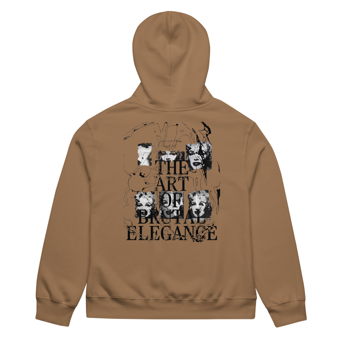 A tan hoodie shown from the back, featuring a large black graphic print with the text 'THE ART OF BRITISH ELEGANCE' and collage-style portraits.