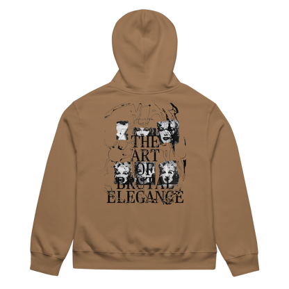 A tan hoodie shown from the back, featuring a large black graphic print with the text 'THE ART OF BRITISH ELEGANCE' and collage-style portraits.