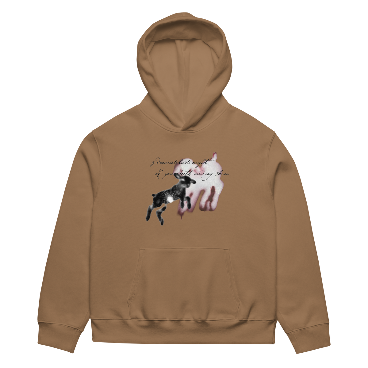 A tan hoodie shown flat against a white background, featuring a graphic print on the chest with a black goat, a white goat silhouette, and cursive text.