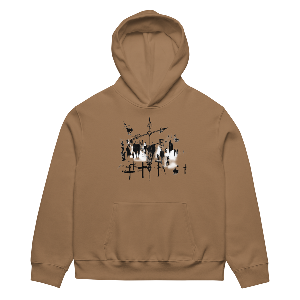 A tan pullover hoodie with a black and white graphic print of a crowd and crosses on the chest, displayed against a solid white background.