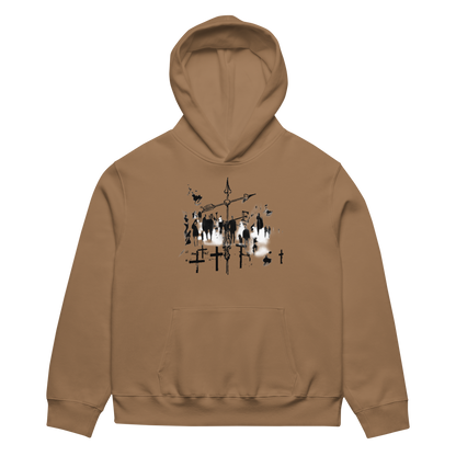 A tan pullover hoodie with a black and white graphic print of a crowd and crosses on the chest, displayed against a solid white background.
