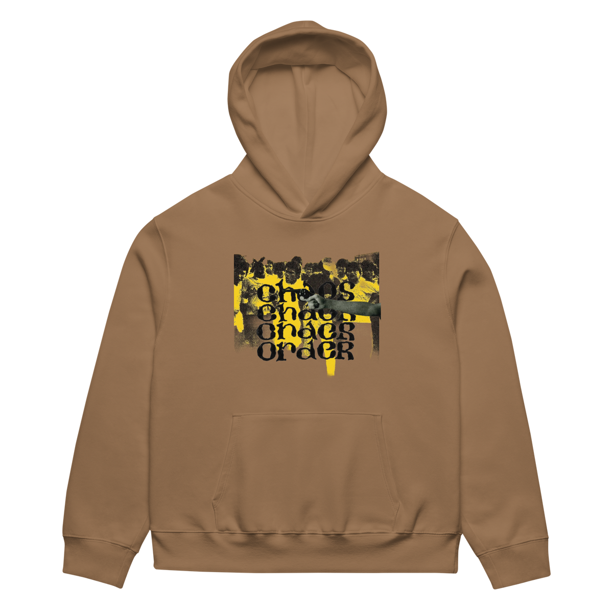 A brown pullover hoodie with a front kangaroo pocket and a central graphic print featuring a black and yellow crowd scene with the text 'CHICAGO CHICAGO ORDER'.